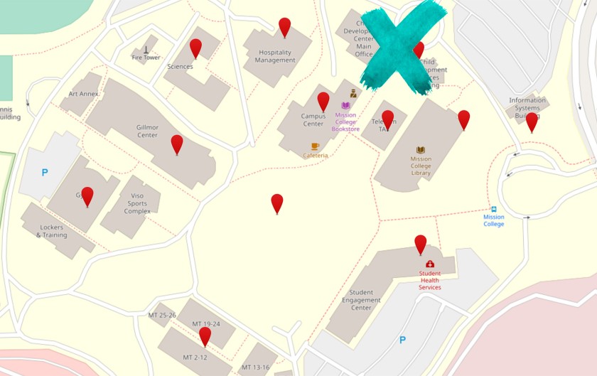 The CDC buildings are marked with an x in the upper right. The Child Development Center is located near parking lots A and B. We also have a roundabout in the front of the building. 